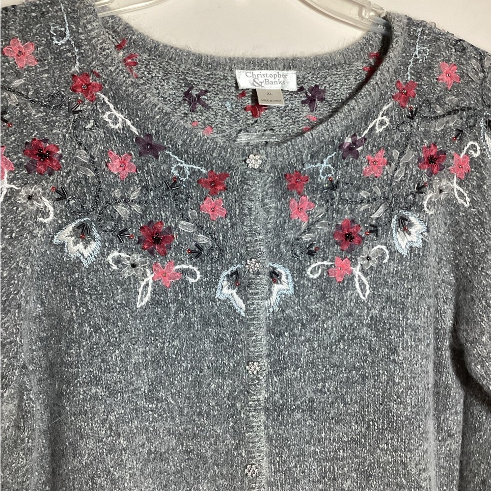 Christopher & Banks XL Cardigan Silk Angora Sweater Floral Embellished Gray NWOT